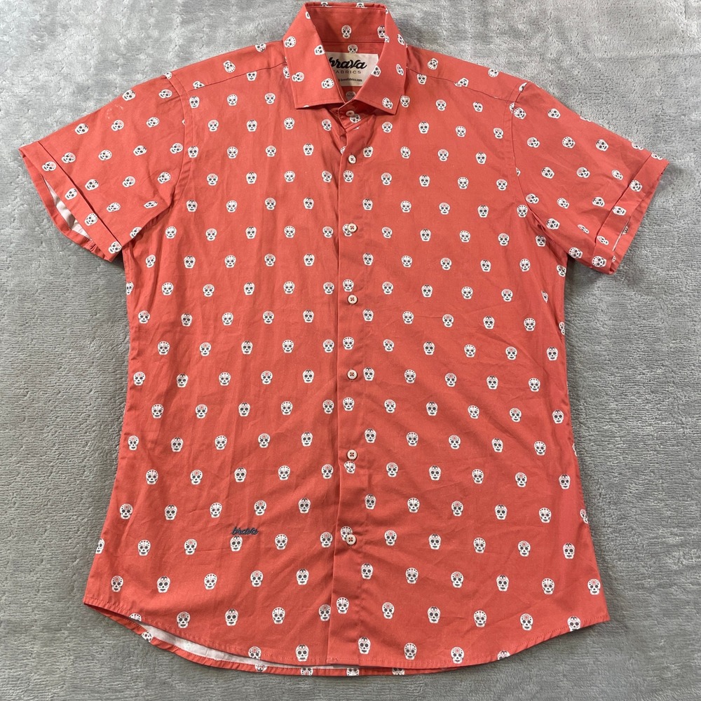 Brava Fabrics‎ Shirt Mens Medium Orange Short Sleeve Sugar Skull Button